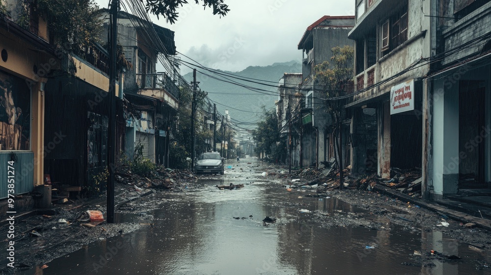 Flooded urban street, damaged buildings, and debris after heavy rain with grey sky Flooded urban street, damaged buildings, and debris after heavy rain with grey sky