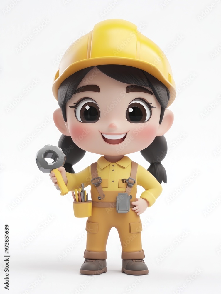 A cheerful cartoon character in a construction outfit holding a wrench, symbolizing industry. A cheerful cartoon character in a construction outfit holding a wrench, symbolizing industry.