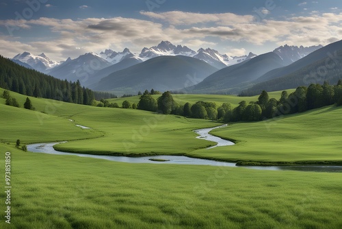 A rolling green meadow with distant mountains and a sparkling stream running through the scene, AI Generated