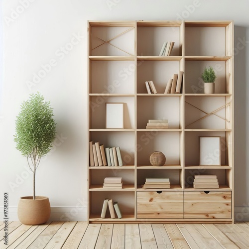 3D rendered bookshelf with shelves filled with books and ceramic