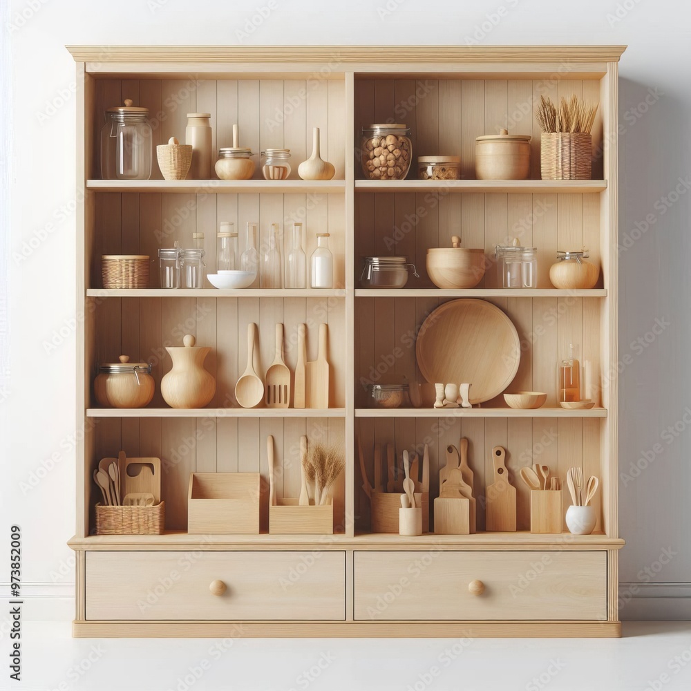 Wooden shelf with accessories in a kitchen setting featuring jars and boxes for storage and decoration Wooden shelf with accessories in a kitchen setting featuring jars and boxes for storage and decoration