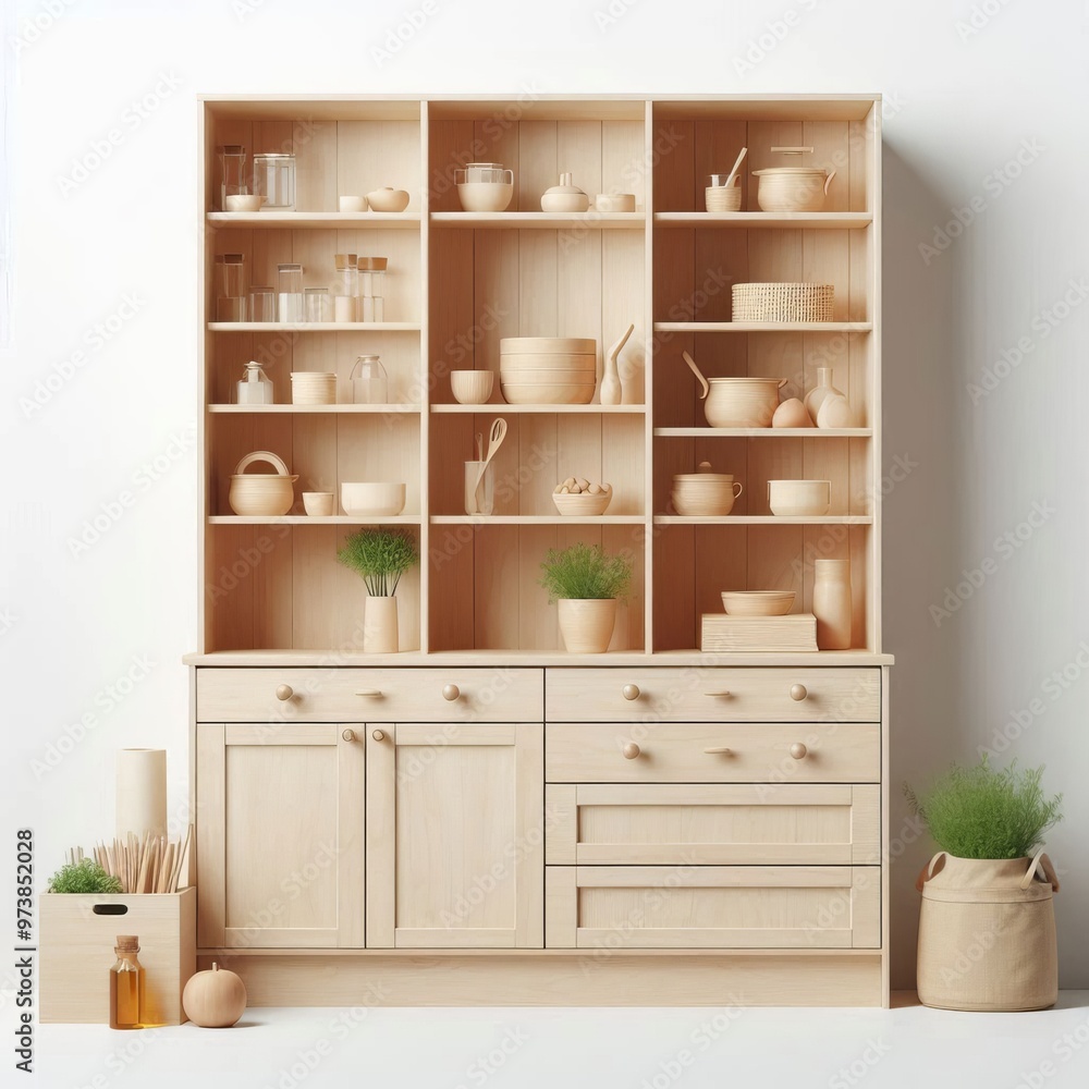 Wooden shelf with accessories in a kitchen setting featuring jars and boxes for storage and decoration Wooden shelf with accessories in a kitchen setting featuring jars and boxes for storage and decoration