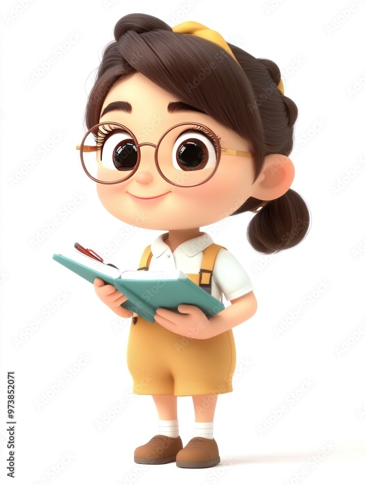 A cheerful animated character with glasses holding a notebook and pen, ready to write. A cheerful animated character with glasses holding a notebook and pen, ready to write.