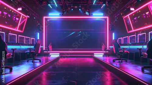 Futuristic E-Sports Event Background with Neon Lights and Gaming Stations in Modern Arena