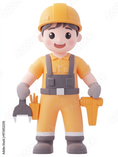 A cheerful cartoon worker in an orange outfit, holding tools and ready for construction tasks.