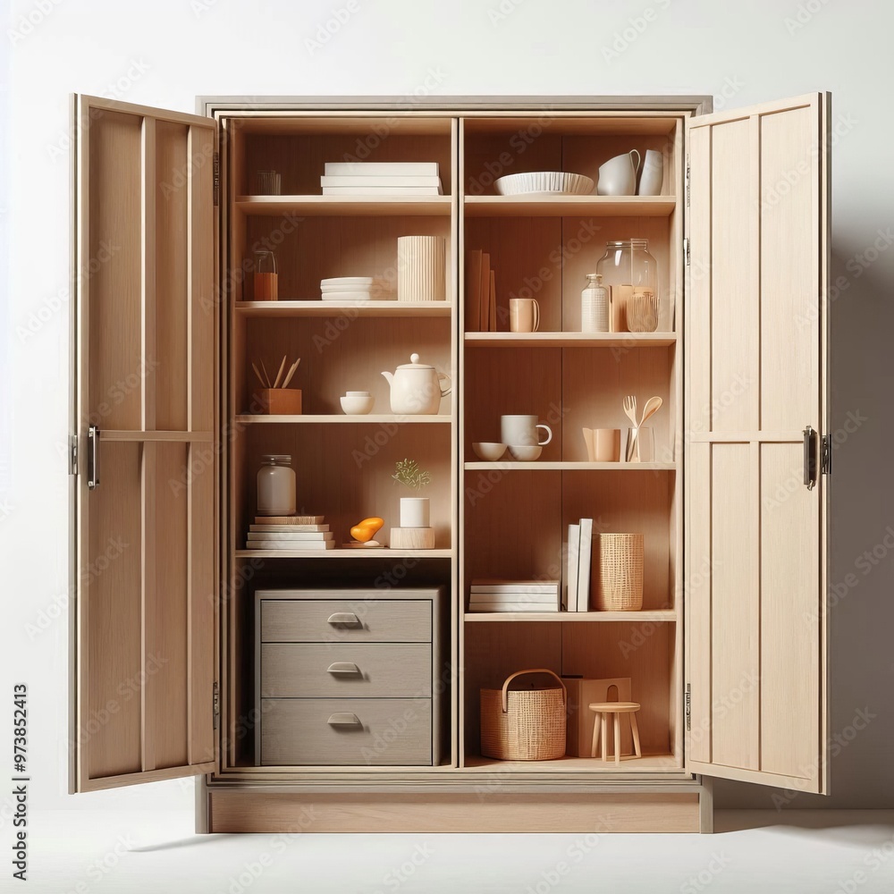 Wooden shelf with accessories in a kitchen setting featuring jars and boxes for storage and decoration Wooden shelf with accessories in a kitchen setting featuring jars and boxes for storage and decoration