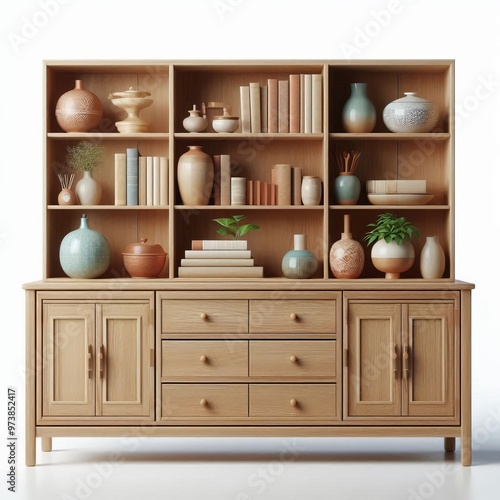 Wooden shelves in a vintage kitchen cabinet decorated with books and glass items create a cozy interior design for the home