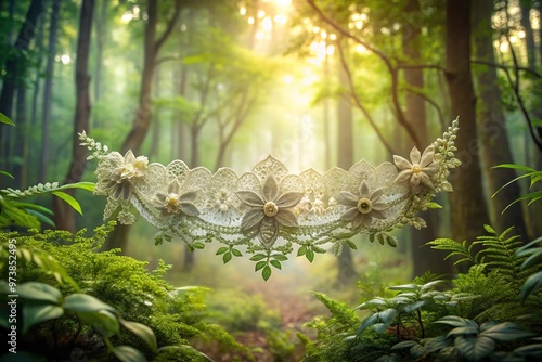 Enigmatic presence in ethereal forest with botanical lace adornment, wide-angle photo