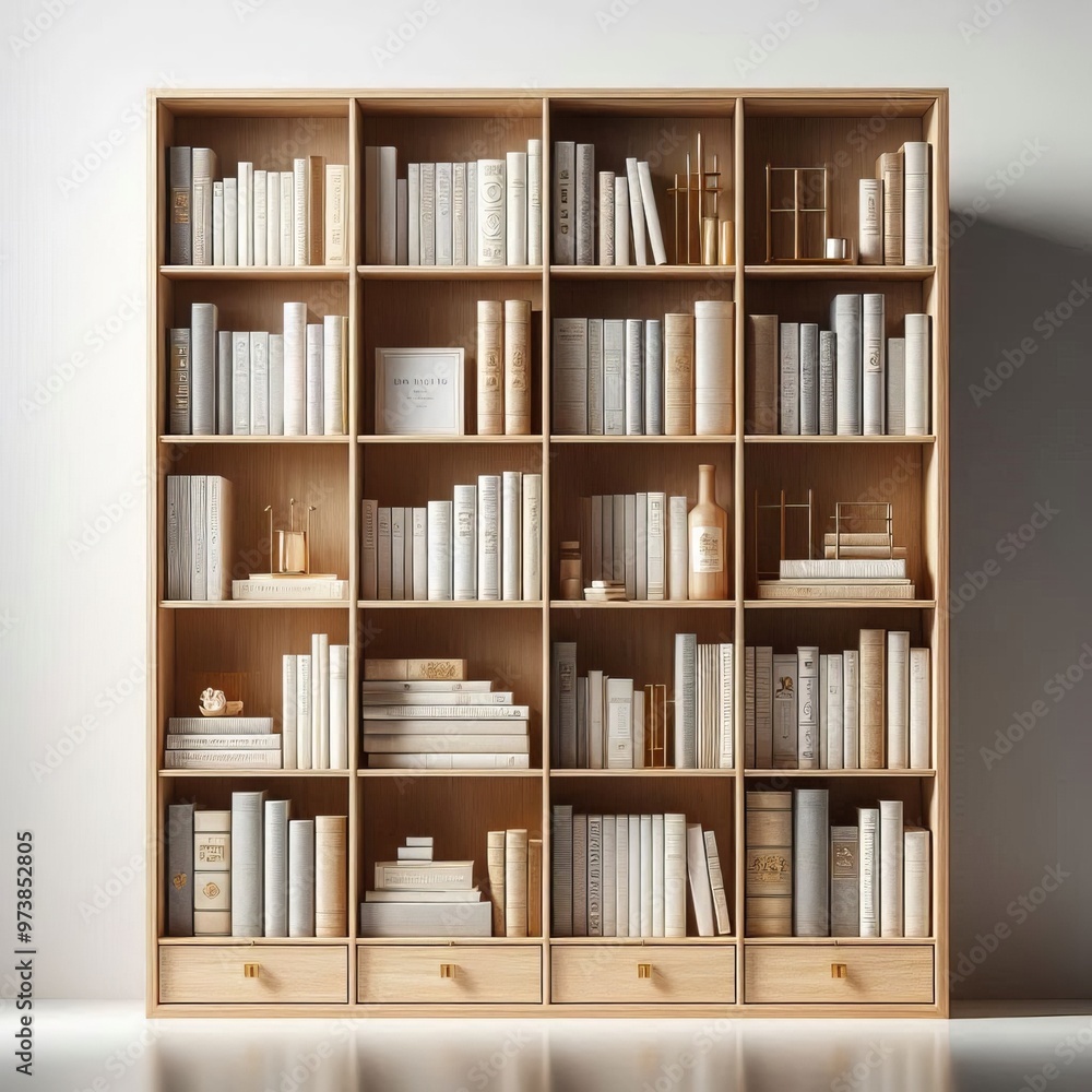3D rendered bookshelf with shelves filled with books 3D rendered bookshelf with shelves filled with books