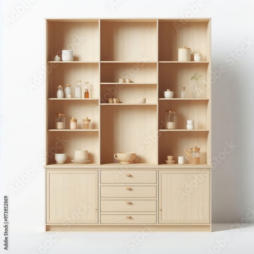 Wooden shelf with accessories in a kitchen setting featuring jars and boxes for storage and decoration