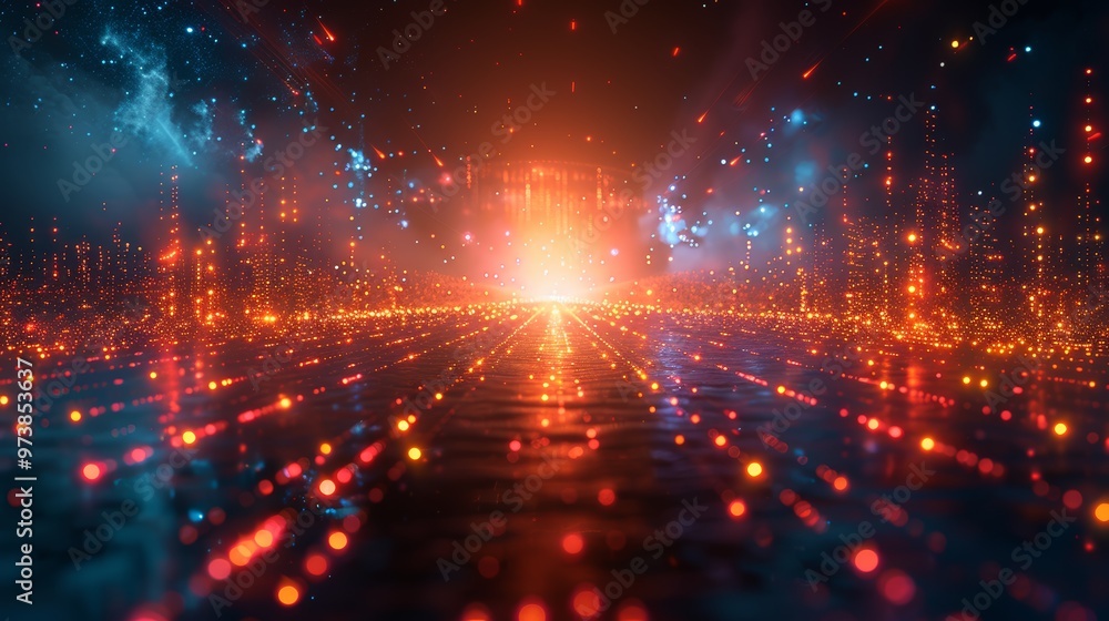 Futuristic Digital Landscape with Glowing Lights and Abstract Cityscape in a Sci-Fi Setting Futuristic Digital Landscape with Glowing Lights and Abstract Cityscape in a Sci-Fi Setting