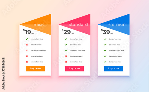 three option subscription price chart table layout in modern style