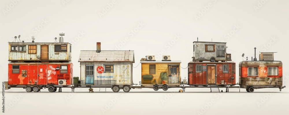 Unique Real Estate Concept Featuring a Row of Vintage Mobile Homes and Trailers Unique Real Estate Concept Featuring a Row of Vintage Mobile Homes and Trailers