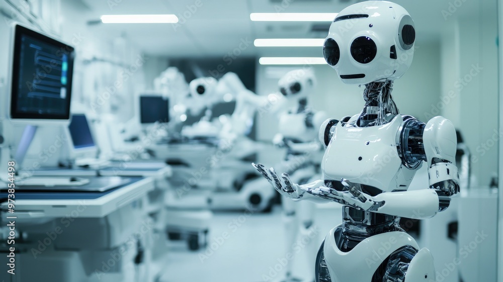 Advanced humanoid robots working in high-tech laboratory Advanced humanoid robots working in high-tech laboratory