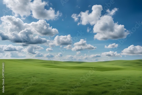 A vast green meadow under a clear blue sky with scattered fluffy clouds, Ai Generated