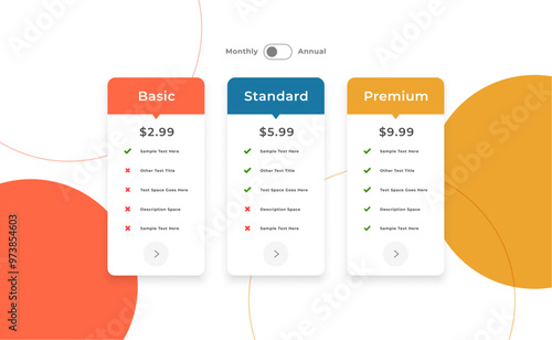 modern style subscription plan chart template for UI/UX app