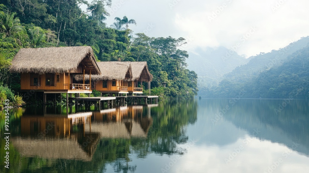 Wooden huts with thatched roofs over calm river in lush tropical rainforest setting Wooden huts with thatched roofs over calm river in lush tropical rainforest setting