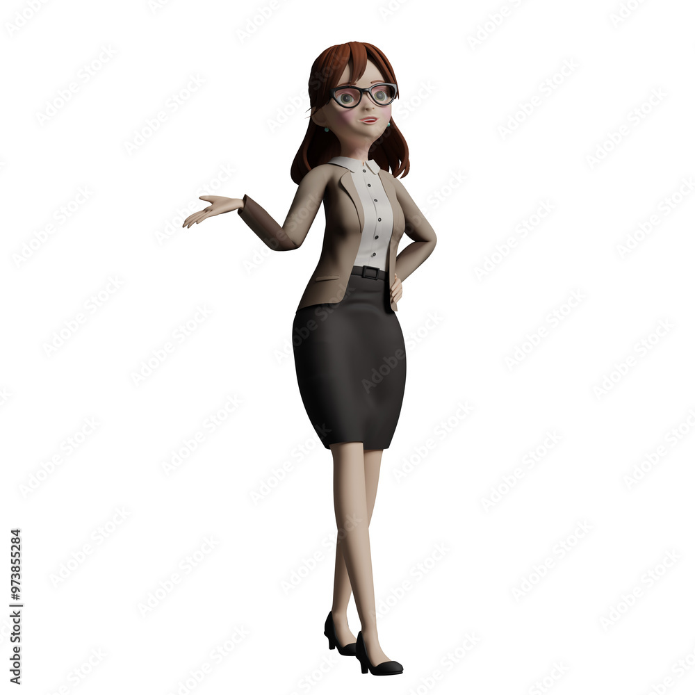 Professional Male Teacher in 3D. A female teacher walks with her left hand on her waist while her right hand is stretched out to the right with her palm open facing up, as if explaining something. Cl Professional Male Teacher in 3D. A female teacher walks with her left hand on her waist while her right hand is stretched out to the right with her palm open facing up, as if explaining something. Cl