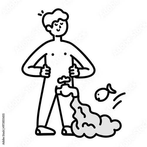 Doodle style icon showing a boy peeing in water 