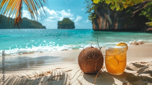 Tropical beach view with fresh coconut juice, Tender coconut juice image