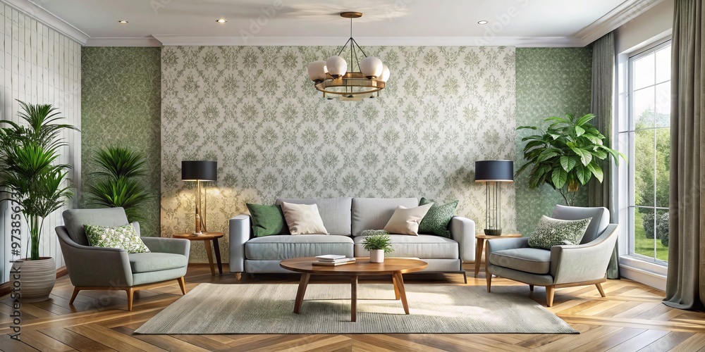 Softly lit lounge room with stylish modern wallpaper adorns the walls, creating a serene and inviting atmosphere for Softly lit lounge room with stylish modern wallpaper adorns the walls, creating a serene and inviting atmosphere for