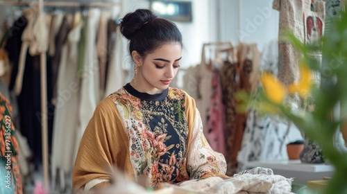 Saudi Arabian women in sustainable fashion, designing eco-friendly clothing photo