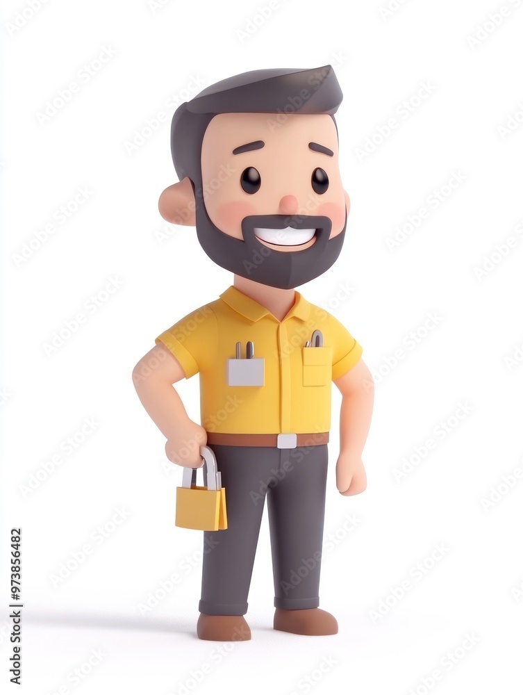 A cheerful cartoon character with a beard, wearing a yellow shirt and holding a bag. A cheerful cartoon character with a beard, wearing a yellow shirt and holding a bag.