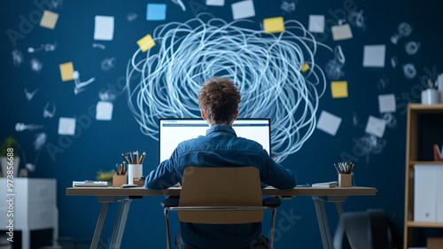 A person sitting at desk with distractions swirling around, focused on their computer screen. chaotic environment reflects challenges of concentration in creative workspace