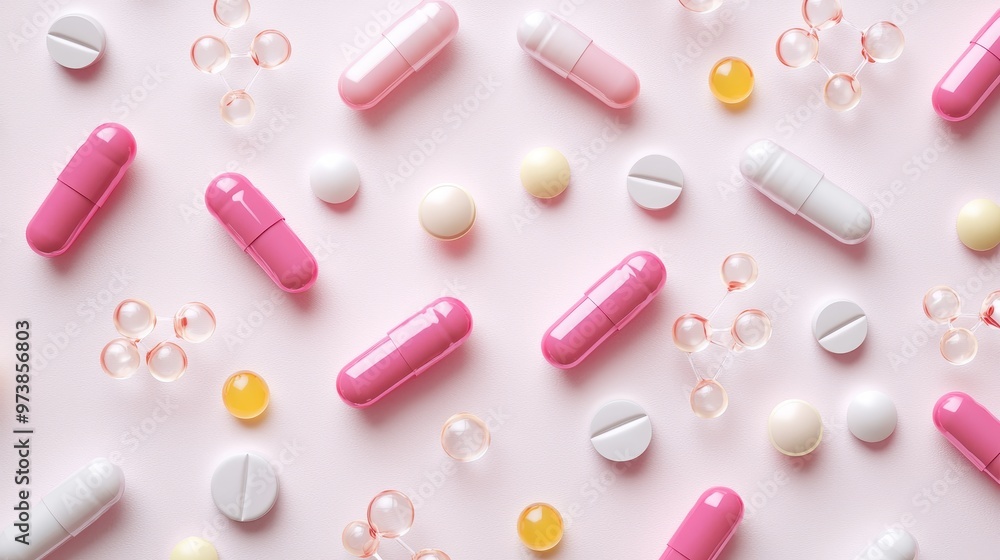 Pink Pills and Tablets on Pink Background Pink Pills and Tablets on Pink Background