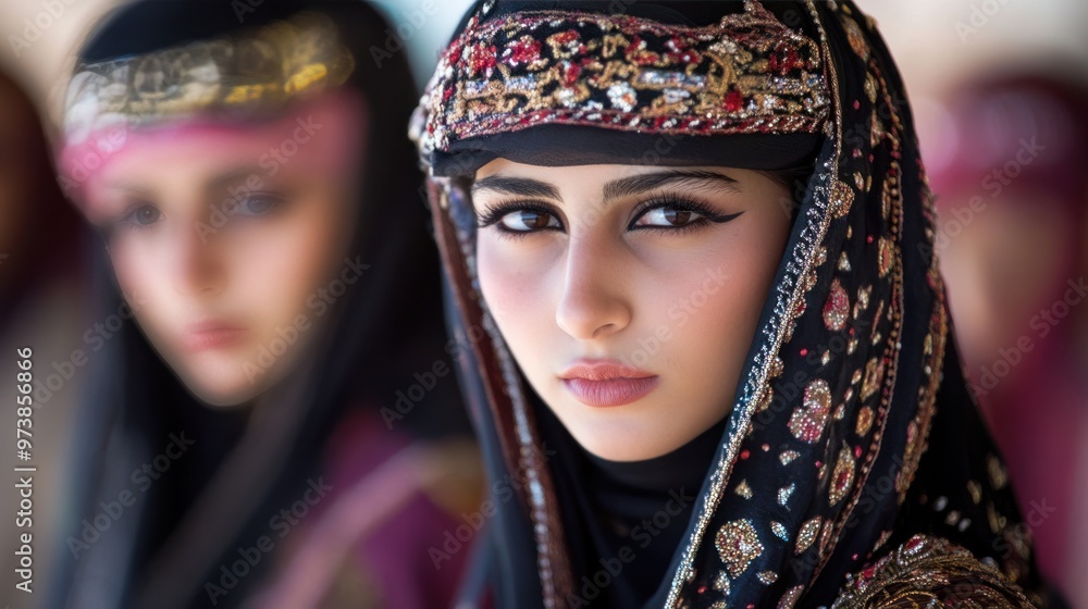 Saudi Arabian women participating in a cultural festival, traditional attire and decorations Saudi Arabian women participating in a cultural festival, traditional attire and decorations