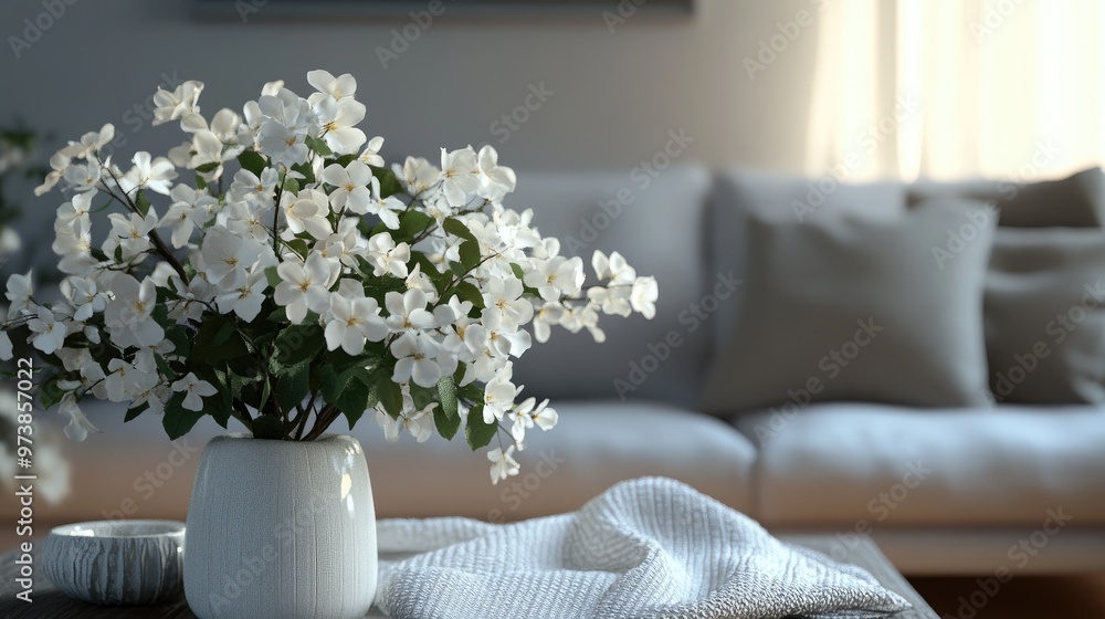 A cozy living room with white flowers in a vase, perfect for showcasing products. A cozy living room with white flowers in a vase, perfect for showcasing products.