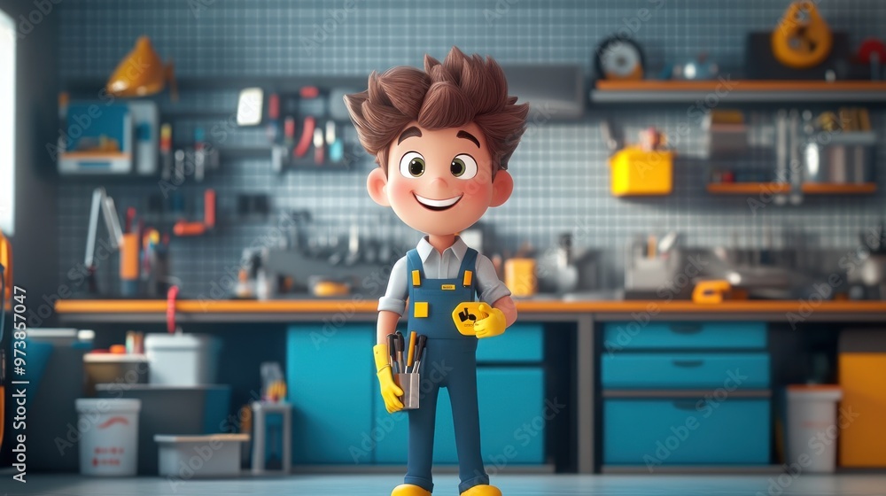 Obraz premium A cheerful cartoon character in a workshop, holding tools and smiling.