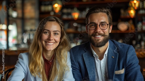 Two executives laughing and enjoying a conversation in a stylish caf?, wearing semi-formal clothing.