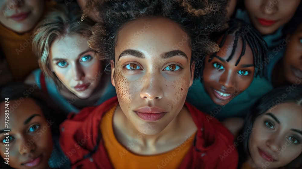 A multicultural group looking up at the camera with mixed emotions, wearing casual and formal attire, captured from directly above. A multicultural group looking up at the camera with mixed emotions, wearing casual and formal attire, captured from directly above.