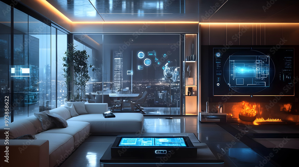 Modern Living Room with Futuristic Technology 3D Illustration Modern Living Room with Futuristic Technology 3D Illustration
