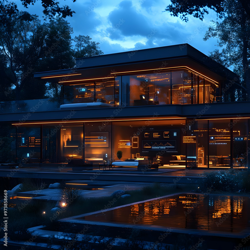 Modern House with Illuminated Windows at Night 3D Illustration Modern House with Illuminated Windows at Night 3D Illustration