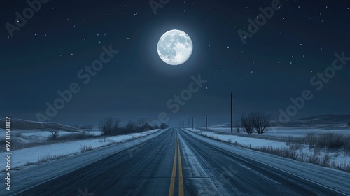A deserted highway with a full moon shining overhead.