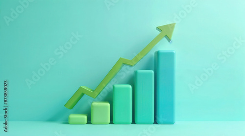 3D render of financial growth concept: Upward green arrow over rising turquoise bar chart, modern minimalist design on mint background, symbolizing success and progress