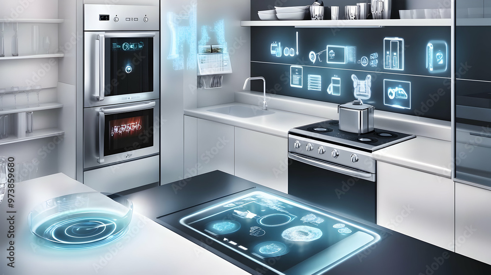 Futuristic Kitchen with Holographic Displays 3D Illustration Futuristic Kitchen with Holographic Displays 3D Illustration