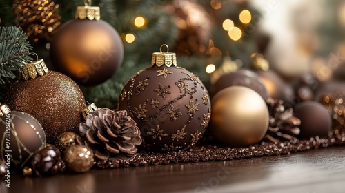 Christmas decorations in chocolate and gold tones, set against a rich brown backdrop, reflecting a festive yet sophisticated style