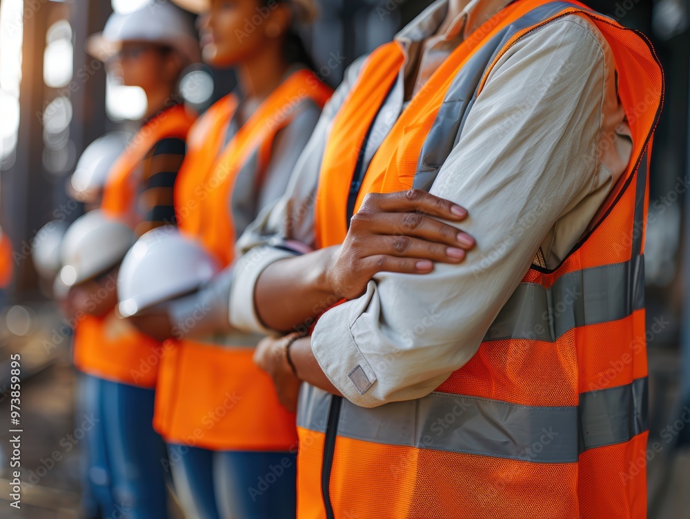 A group of diverse construction workers wearing orange safety vests and holding white helmets, standing together with a blurred background showing the industrial site on a sunny day. The focus is on t A group of diverse construction workers wearing orange safety vests and holding white helmets, standing together with a blurred background showing the industrial site on a sunny day. The focus is on t