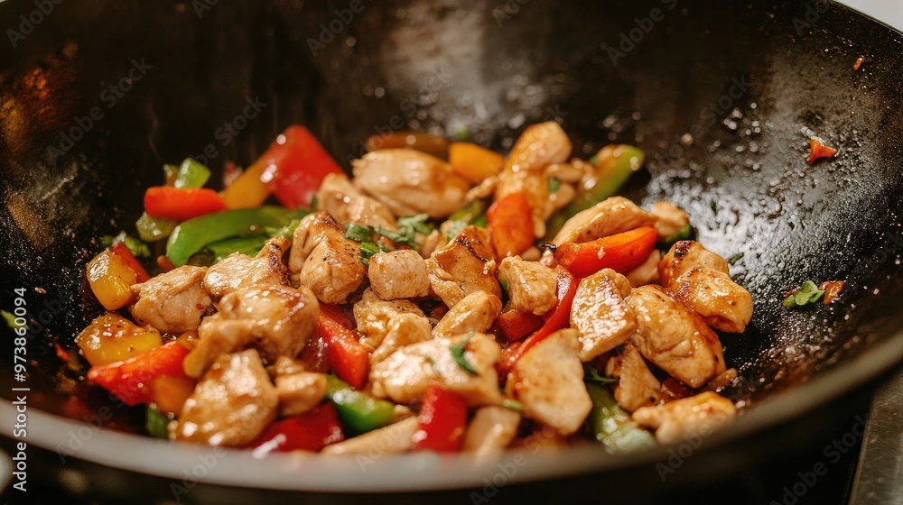 Chicken stir-fry with colorful vegetables in a wok Chicken stir-fry with colorful vegetables in a wok