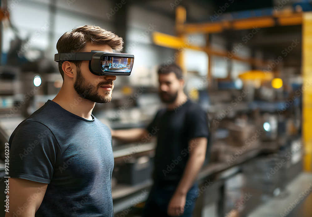 Technician Wearing Augmented Reality Glasses In warehouse Technician Wearing Augmented Reality Glasses In warehouse