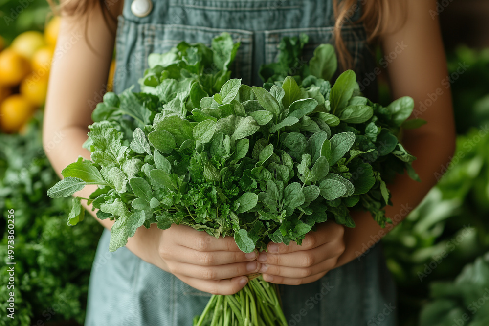 Fototapeta premium A child surprising their mother with a bouquet of fragrant herbs and foliage from the garden, their earthy scent a reminder of the beauty of nature.