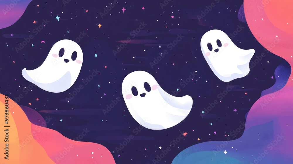 Three cute cartoon ghosts floating in colorful, starry night sky Three cute cartoon ghosts floating in colorful, starry night sky