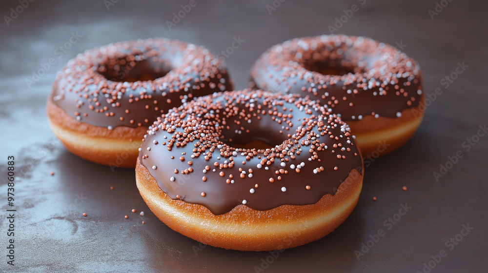 Three donuts with different toppings, one with sprinkles, one with chocolate, and one with chocolate and sprinkles Three donuts with different toppings, one with sprinkles, one with chocolate, and one with chocolate and sprinkles