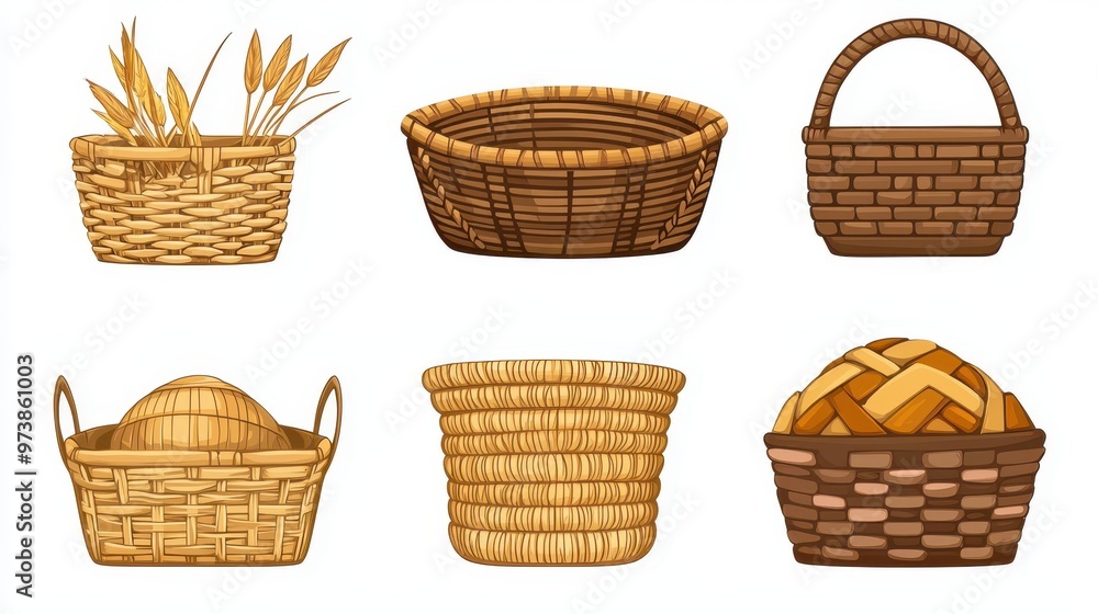 Set of Six Cartoon Wicker Baskets with Handles Set of Six Cartoon Wicker Baskets with Handles