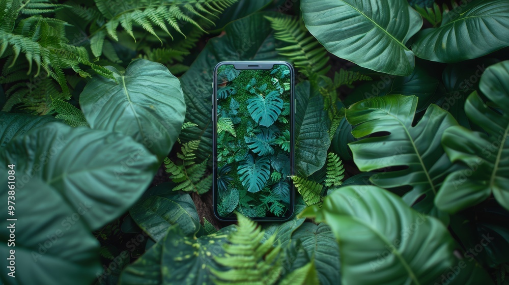 Obraz premium Smartphone Displaying Tropical Leaves Surrounded by Lush Green Foliage in a Natural Setting