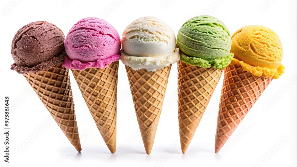 Extreme close-up of ice cream cone with multiple scoops isolated on white background Extreme close-up of ice cream cone with multiple scoops isolated on white background