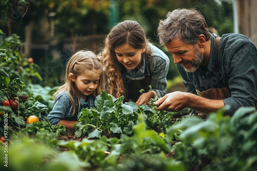 A father and his two daughters work in their garden, harvesting vegetables.